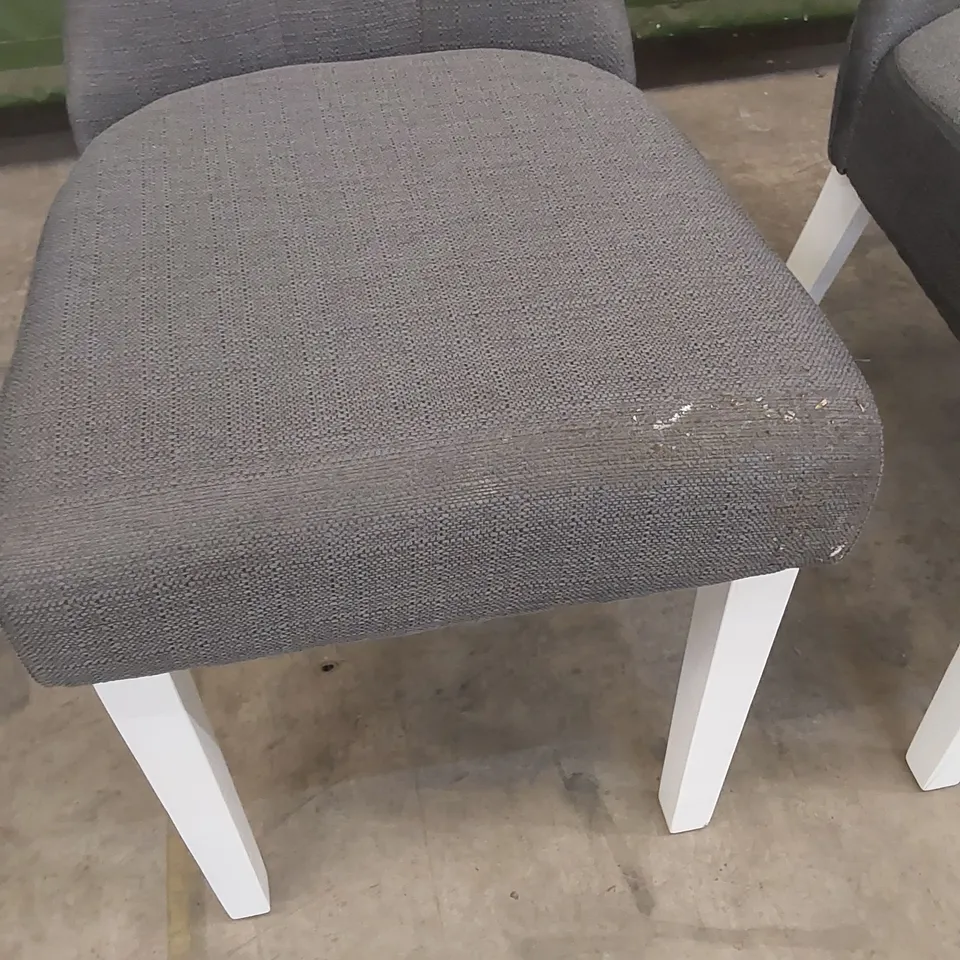 SET OF 4 BEWLEY SLATE GREY FABRIC BUTTON BACK DINING CHAIRS WITH WHITE LEGS 