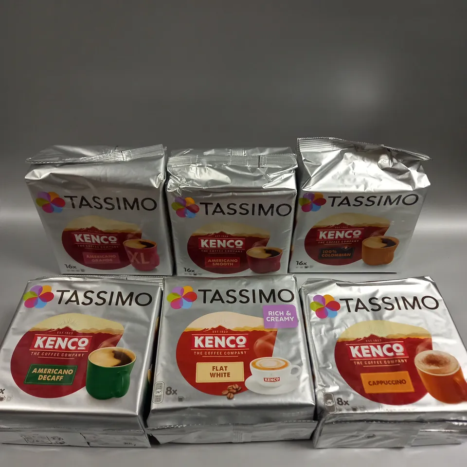 6 X ASSORTED TASSIMO COFFEE PACKS IN VARIOUS FLAVOURS TO INCLUDE COLOMBIAN, CAPPUCCINO, FLAT WHITE ETC 