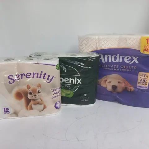 LOT OF 9 MULTI-PACKS OF TOILET TISSUE TO INCLUDE ANDREX AND SERENITY