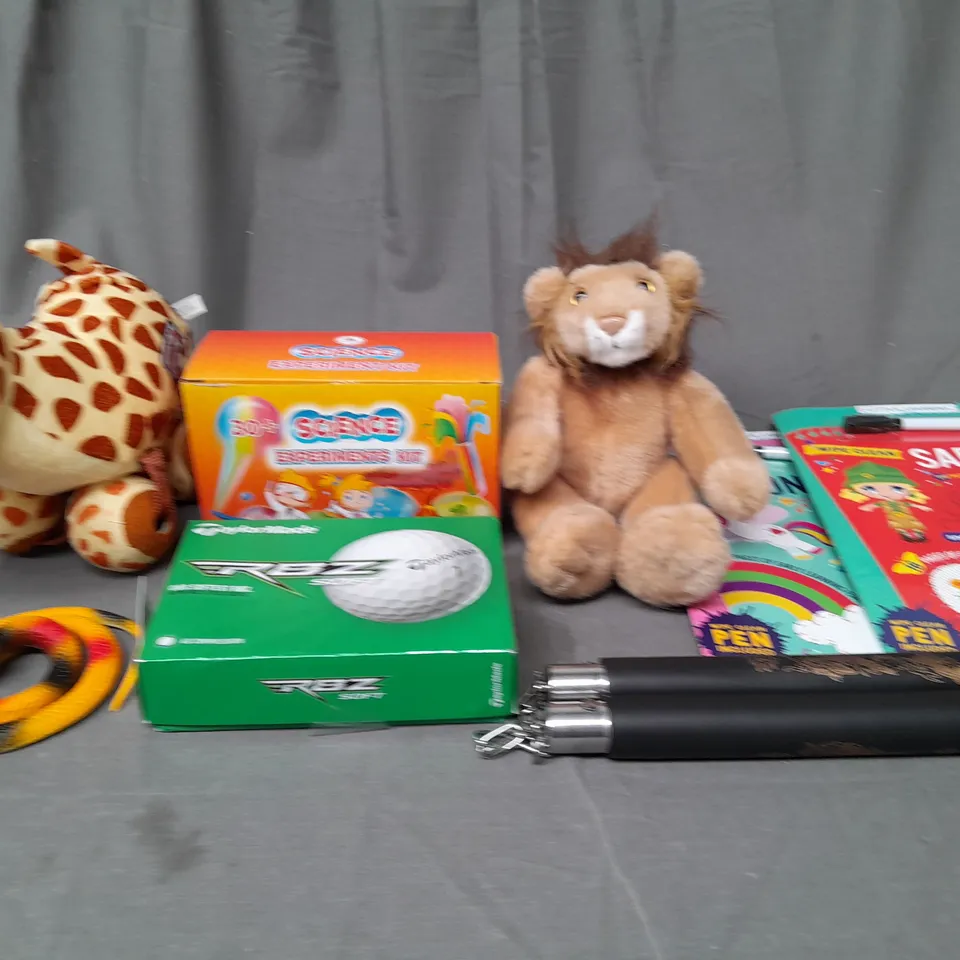LARGE BOX OF ASSORTED TOYS AND GAMES TO INCLUDE GOLF BALLS, TEDDIES AND ACTIVITY BOOKS