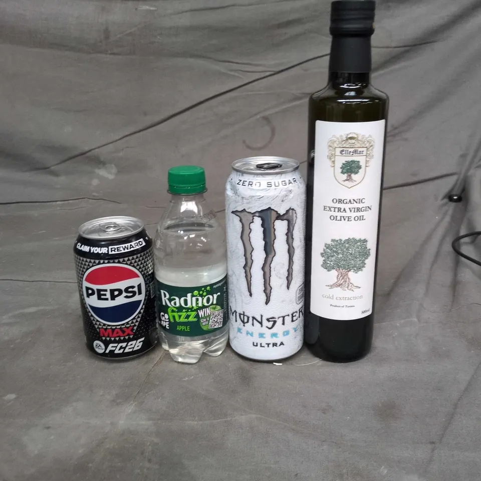 APPROXIMATELY 10 ASSORTED FOOD AND DRINK ITEMS TO INCLUDE MONSTER ENERGY DRINKS, ORGANIC EXTRA VIRGIN OLIVE OIL AND PEPSI MAX CANS