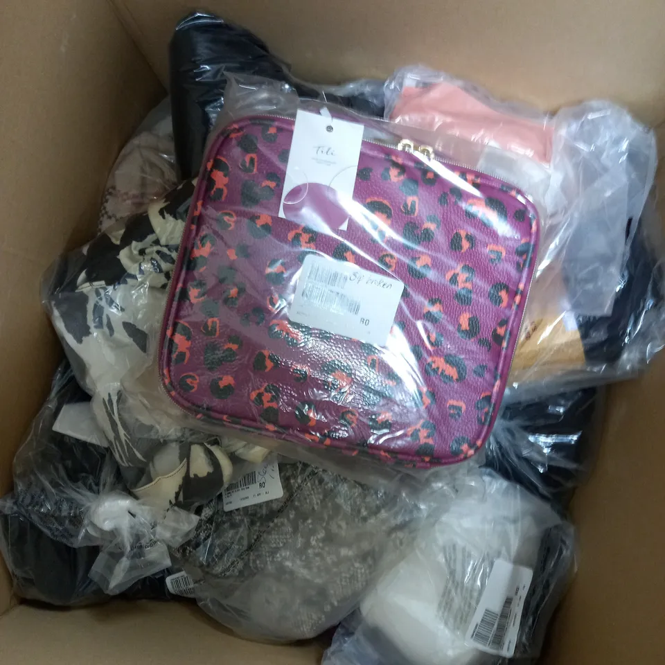 BOX OF APPROXIMATELY 15 ASSORTED ITEMS TO INCLUDE MAKE UP CASE, SHAPER SHORTS, BLACK TIGHTS ETC