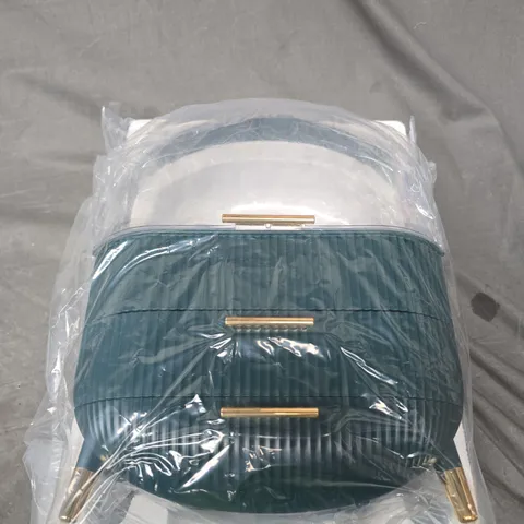 PORTABLE DISPLAY CASE WITH STORAGE DRAWS IN GREEN