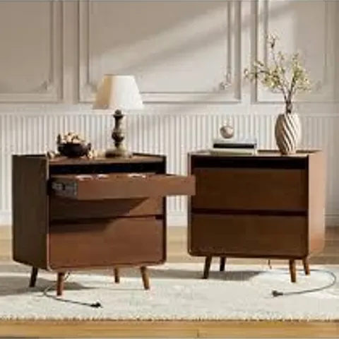 BOXED ANITA 2-DRAWER END TABLE WITH BUILT-IN OUTLETS - WALNUT