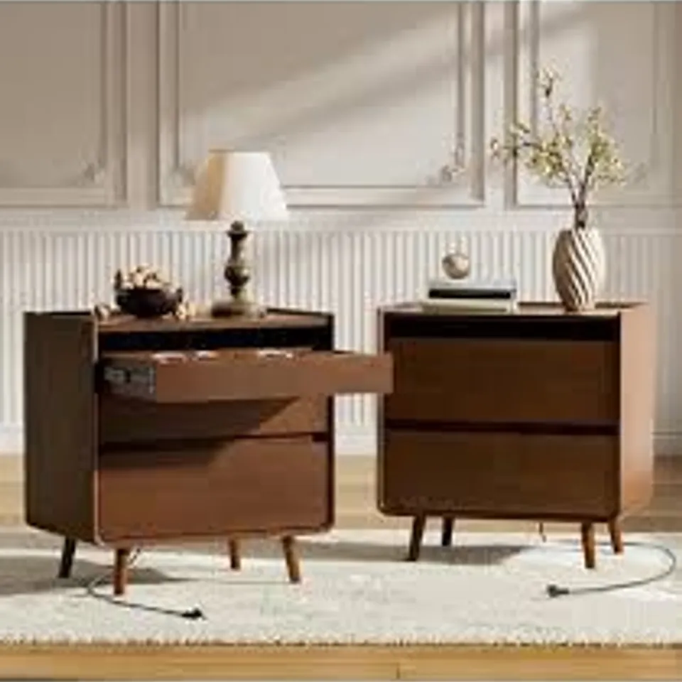 BOXED ANITA 2-DRAWER END TABLE WITH BUILT-IN OUTLETS - WALNUT