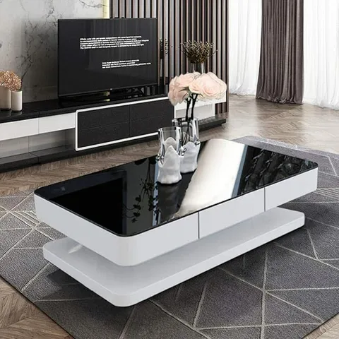 BOXED OFCASA 2 DRAWERS COFFEE TABLE FOR LIVING ROOM HIGH GLOSS COFFEE TABLE WITH BLACK GLASS TOP WOOD STORAGE CABINET TABLE FOR LIVING ROOM HOME OFFICE, BLACK