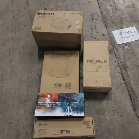 PALLET TO CONTAIN ASSORTED HOUSEHOLD ITEMS AND CONSUMER PRODUCTS. INCLUDING VACUUM CLEANER, TOILET SEATS, KIDS SCOOTER, GAMING KEYBOARD, TELESCOPE, BOXED FURNITURE ETC