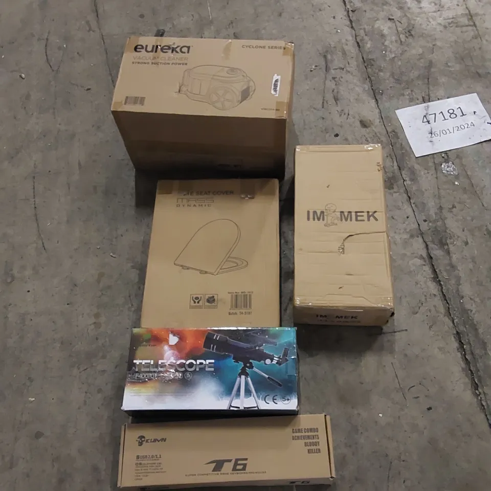 PALLET TO CONTAIN ASSORTED HOUSEHOLD ITEMS AND CONSUMER PRODUCTS. INCLUDING VACUUM CLEANER, TOILET SEATS, KIDS SCOOTER, GAMING KEYBOARD, TELESCOPE, BOXED FURNITURE ETC