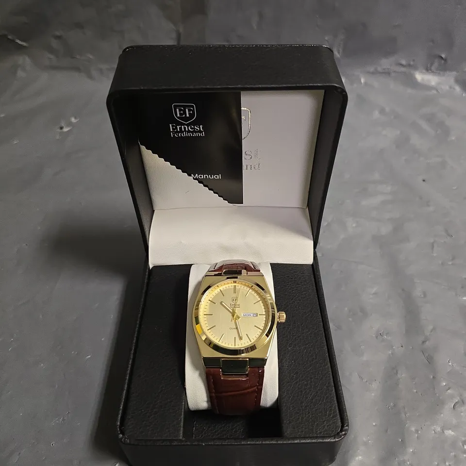 ERNEST FERDINAND GOLD DIAL WATCH WITH BROWN LEATHER STRAP