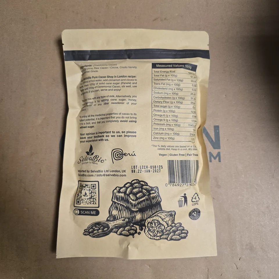 SelvaBio Ceremonial Cacao 500g – Theobroma Cacao, Peru (Vegan, Gluten Free, Fair Trade)