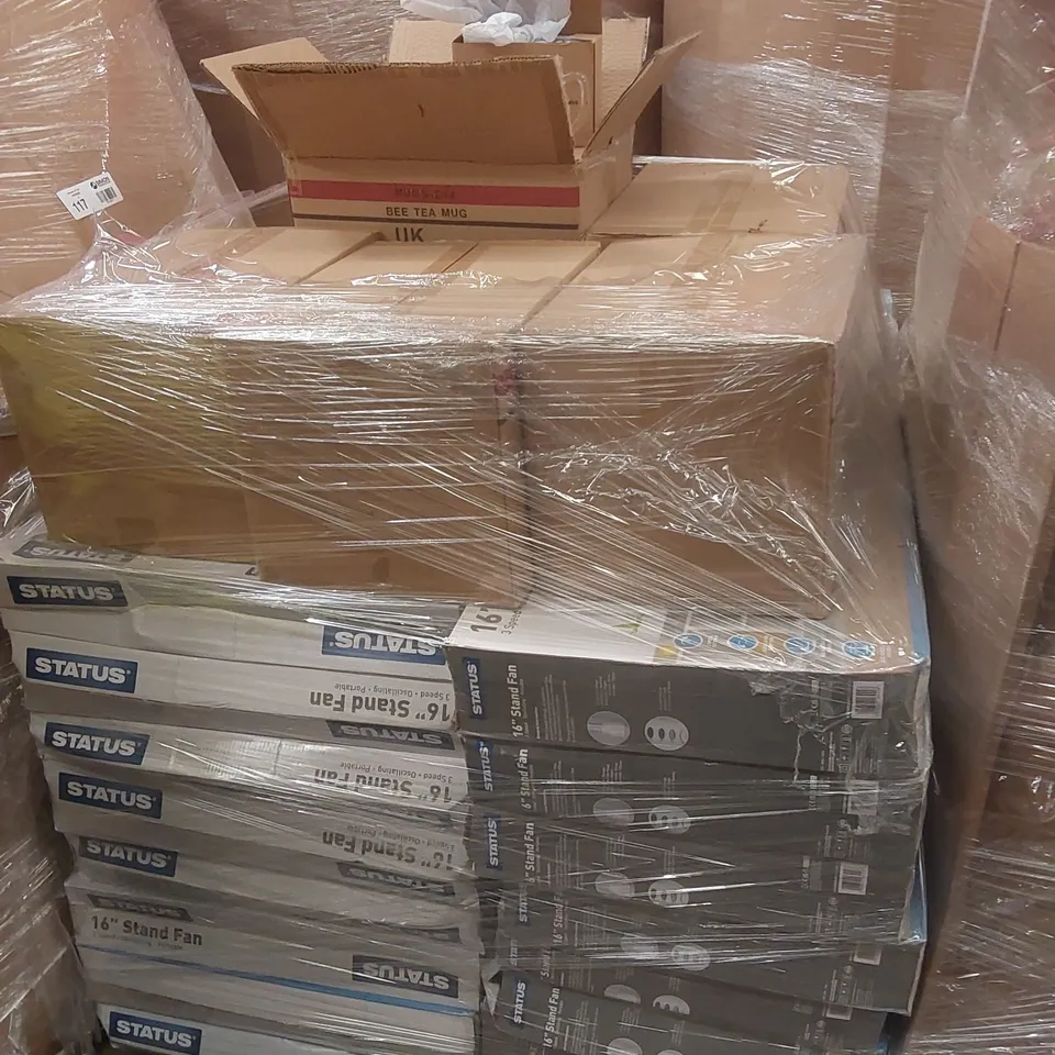 PALLET CONTAINING A VERY LARGE QUANTITY OF STATUS 16" STAND FANS, BEE TEA MUGS