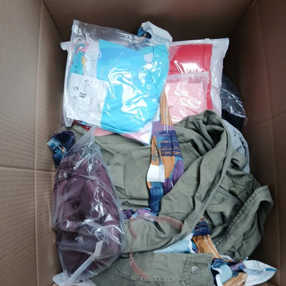 LARGE BOX OF APPROXIMATELY 20 ASSORTED CLOTHING ITEMS IN VARIOUS SIZES, STYLES AND COLOUR 