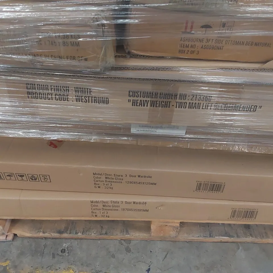PALLET CONTAINING A VERY LARGE QUANTITY OF ASSORTED FURNITURE PARTS INCLUDING: BED PARTS, WARDROBE PARTS ECT