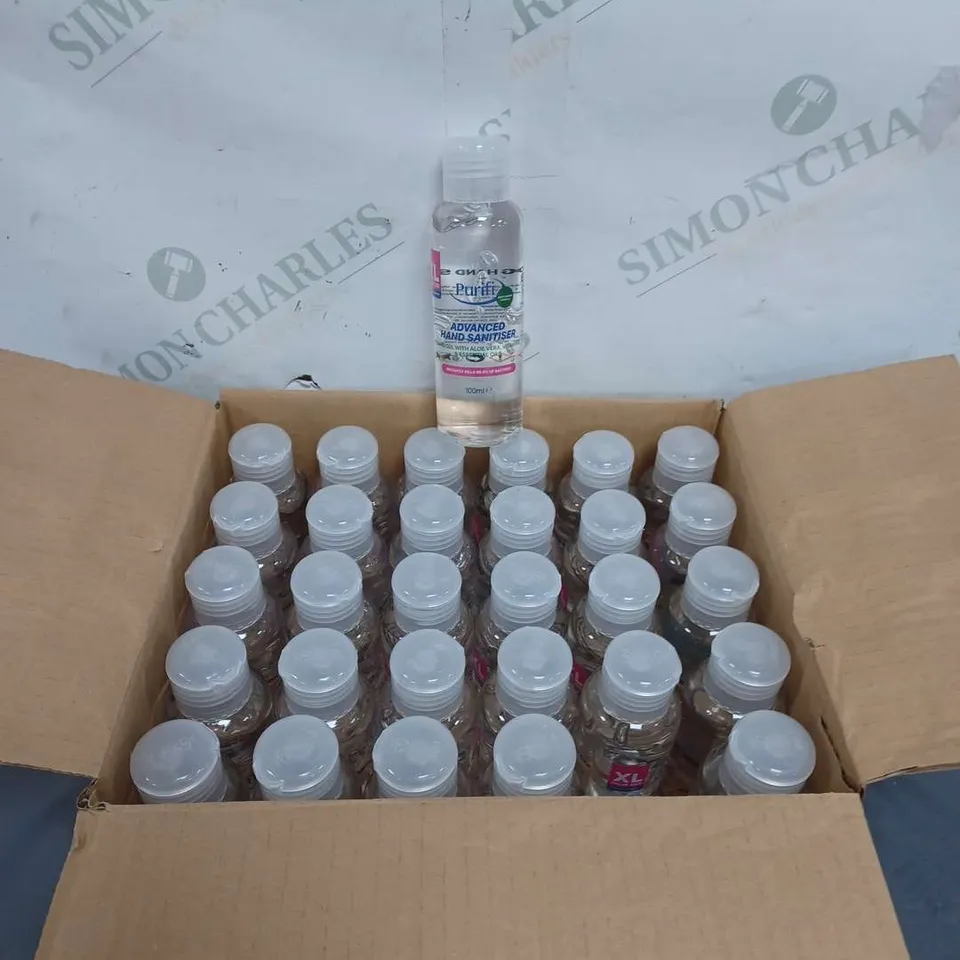 BOXED LOT OF APPROXIMATELY 30 PURIFY ADVANCED HAND SANITISER 100ML PER BOTTLE