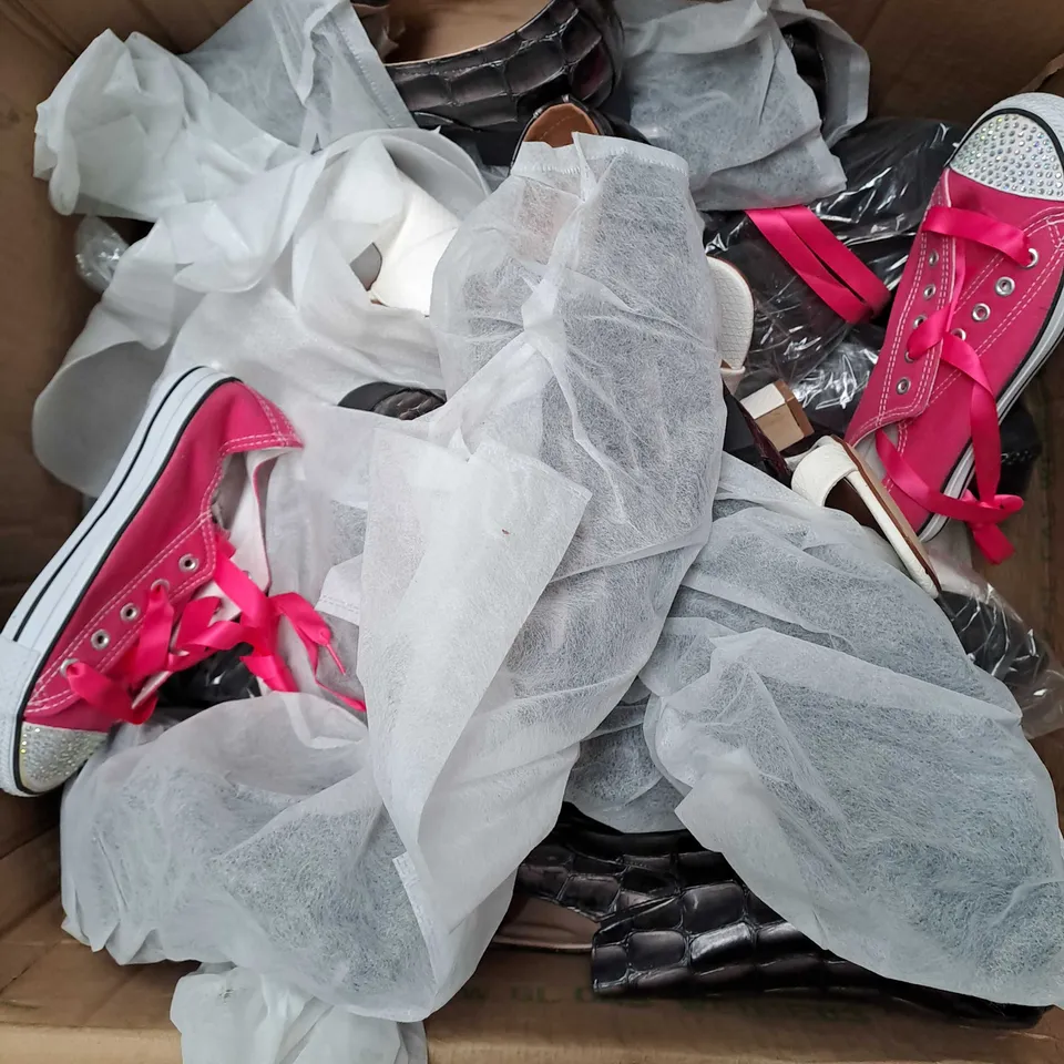 BOX OF APPROXIMATELY 12 PAIRS OF SHOES IN VARIOUS STYLES, COLOURS AND SIZES