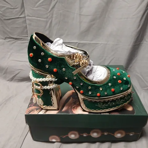 BOXED KOI BOLEYNS REVENGE BEJEWELED VELVET HEELS IN GREEN - UK 8