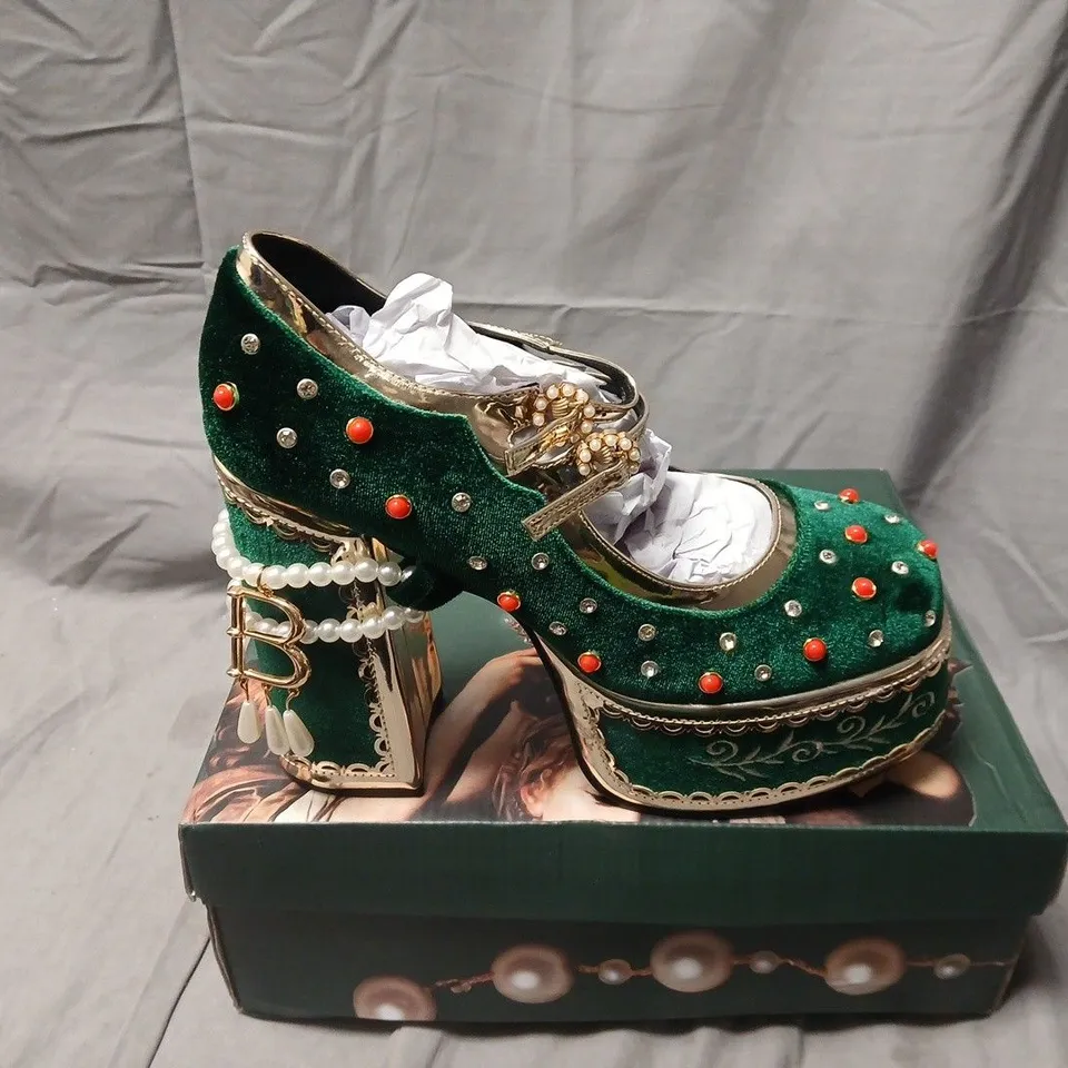 BOXED KOI BOLEYNS REVENGE BEJEWELED VELVET HEELS IN GREEN - UK 8