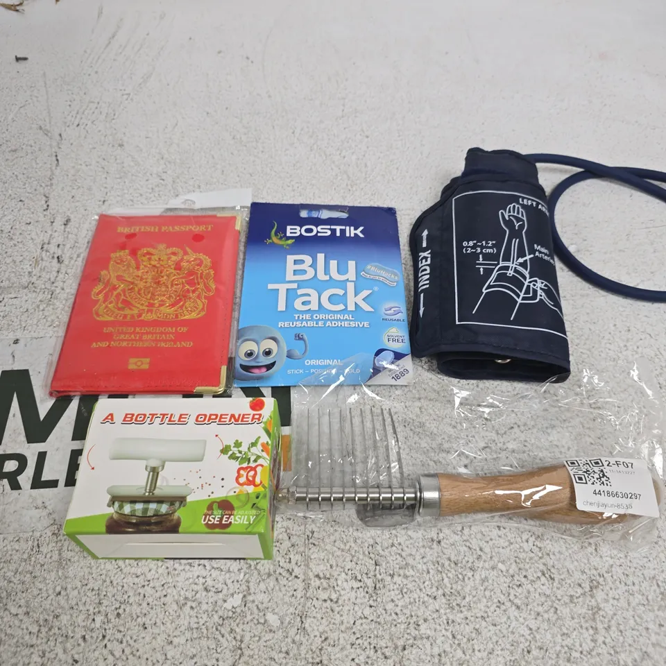 APPROXIMATELY 10 ASSORTED HOUSEHOLD PRODUCTS TO INCLUDE BLU TACK, BOTTLE OPENER, PASSPORT COVER ETC