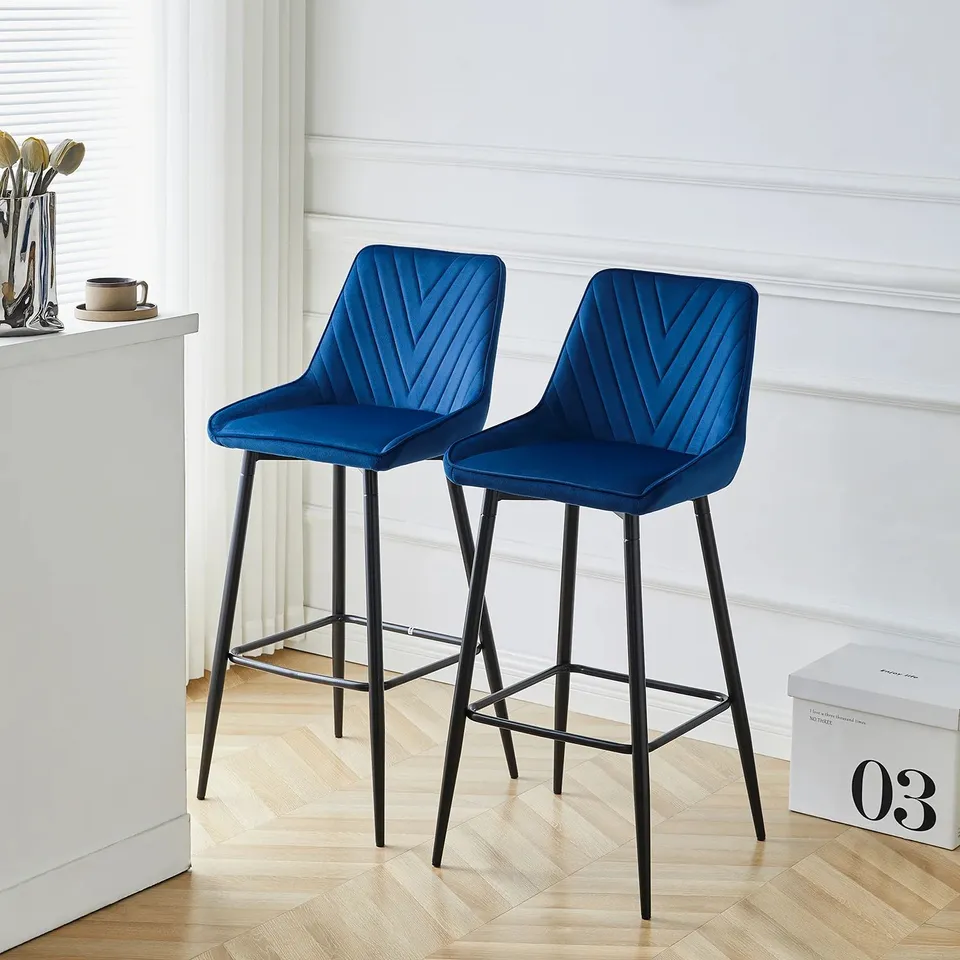 BOXED LOURDES BAR STOOL [SET OF 2][65CM][75CM] [VELVET] - BLUE (1 BOX)