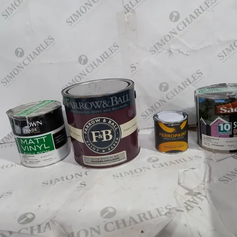 FOUR POTS OF PAINT TO INCLUDE MATT VINYL, MODERN EMULSION, MAGNETIC SPACE, AND SUPERDEC SATIN