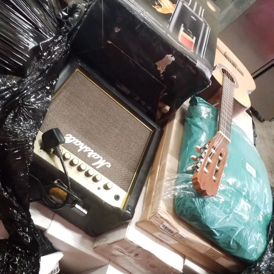 PALLET CONTAINING ASSORTED PRODUCTS INCLUDING BRAUN SPIN JUICER, ACOUSTIC GUITAR, MARSHALL AMP & LARGE QUANTITY OF ASSORTED STAUF ADHESIVES