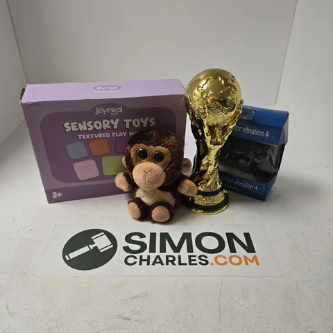 APPROXIMATELY 15 ASSORTED TOYS, GAMES, GIFTS AND NOVELTIES TO INCLUDE JOYREAL YEXTURED MATS SENSORY TOYS, PLUSHES, WORLD CUP TROPHY TOY, ETC - COLLECTION ONLY