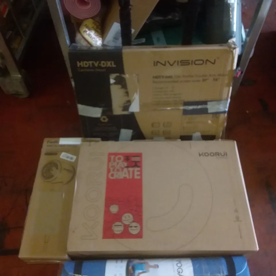 CAGE OF ASSORTED ITEMS INCLUDING, INVISION DOUBLE ARM MOUNT, KOORUI LIGHT FITTING, ANION HAIR DRYER AND YOGATI MATT