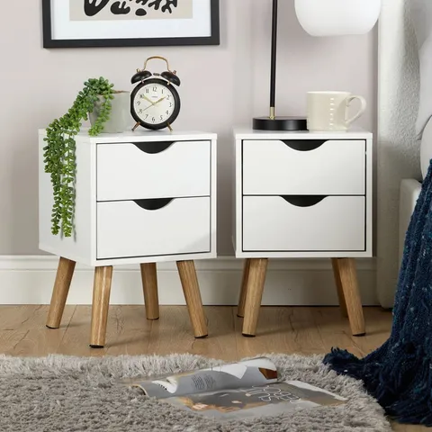 BOXED CLARINDA PAIR OF 2 DRAWER SCANDI BEDSIDE TABLE UNITS - WHITE (1 BOX)