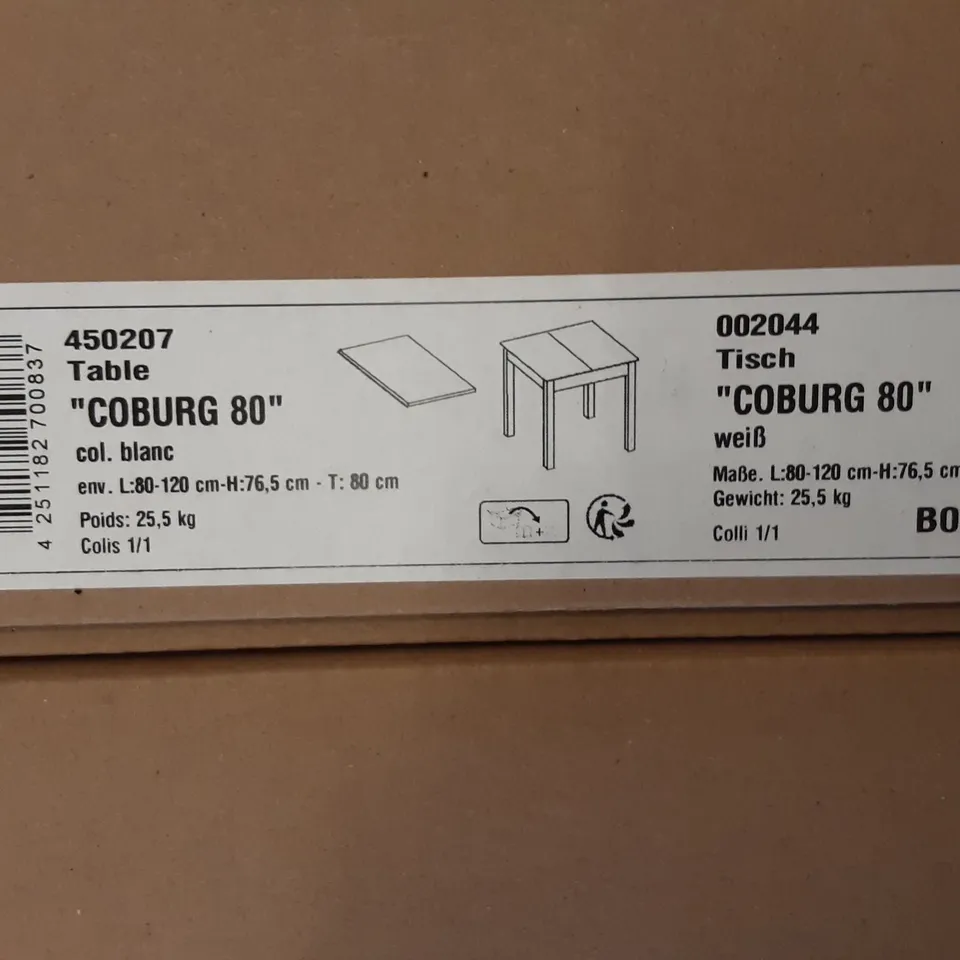 BOXED DESIGNER COBURG 80 TABLE IN WHITE - L: 80-120CM- H:76,5- T: 80CM 