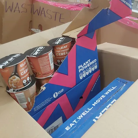 PALLET CONTAINING A LARGE QUANTITY OF EAT WELL. MOVE WELL. PLANT BASED HIGH PROTEIN CEREAL AND OTHER ASSORTED PRODUCTS
