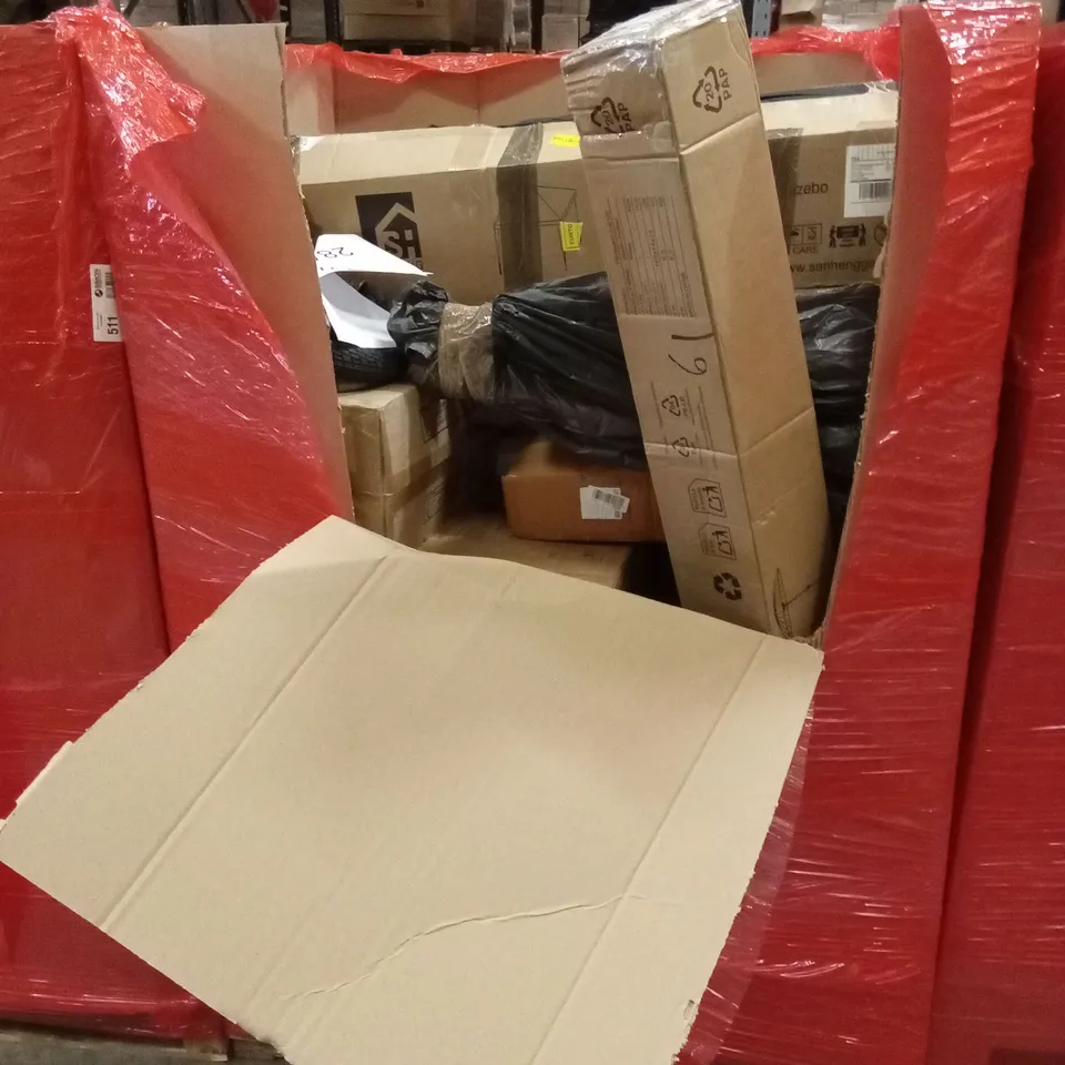 PALLET OF ASSORTED HOUSEHOLD GOODS AND PRODUCTS TO INCLUDE; SCOOTER, PARASOL, GAZEBO ETC