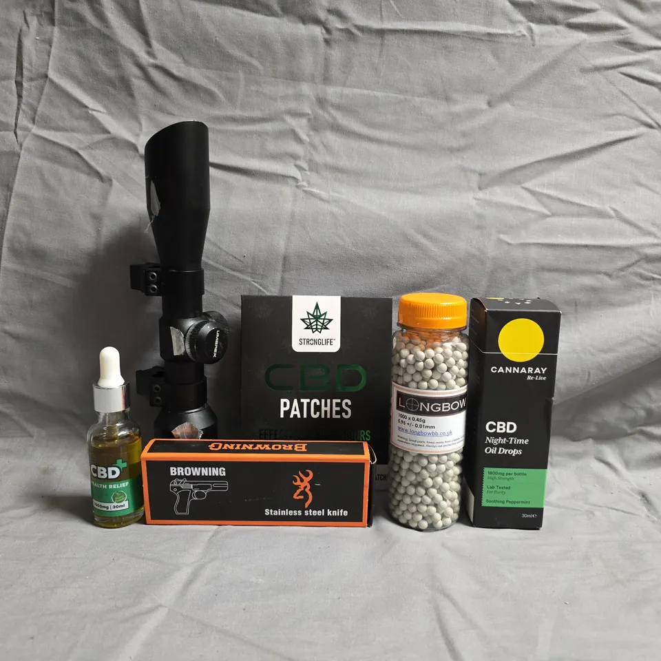 APPROXIMATELY 20 ASSORTED ITEMS TO INCLUDE BROWNING STAINLESS STEEL KNIFE, CBD HEALTH RELIEF, ETC
