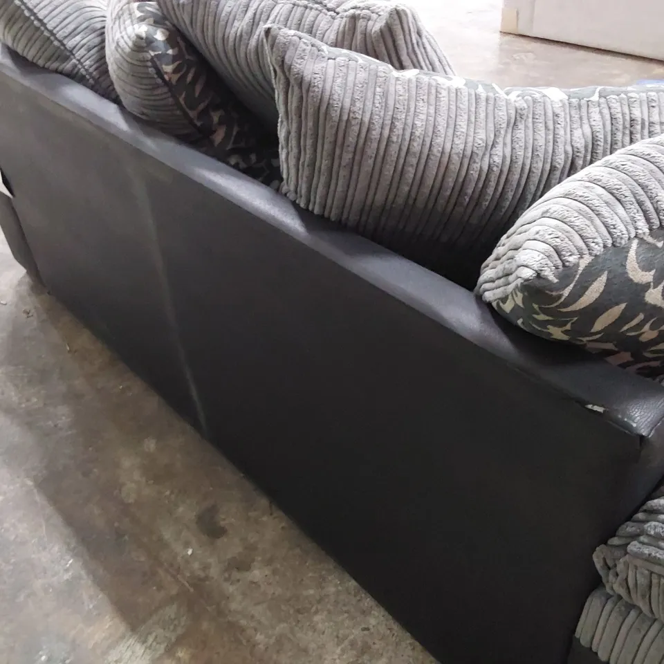 DESIGNER THREE SEATER SOFA WITH SCATTER CUSHIONS BLACK FAUX LEATHER & GREY JUMBO CHORD 