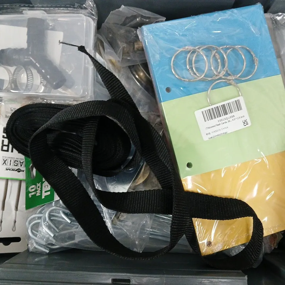 APPROXIMATELY 15 ASSORTED HOUSEHOLD ITEMS TO INCLUDE GRAPPLER HAIR RIGS, TENT PEGS, PAPER, ETC