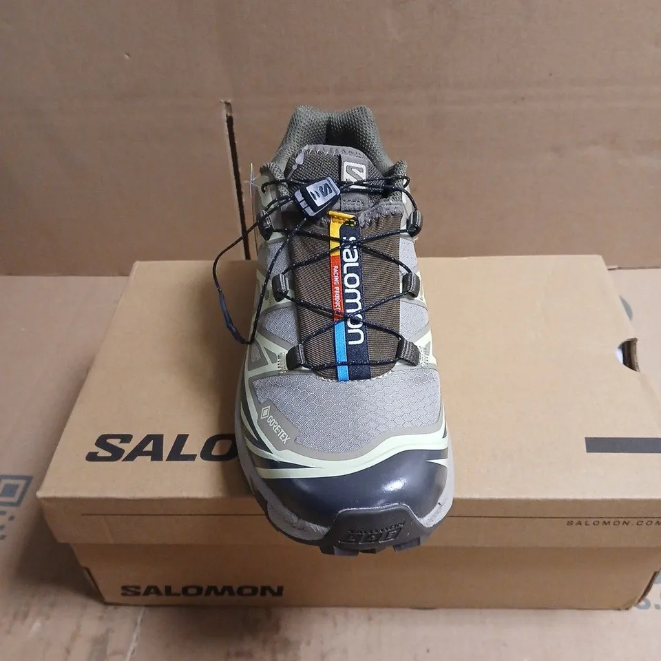 SALOMON GORE-TEX TRAIL SHOES – GREY/GREEN, BOXED UK 6