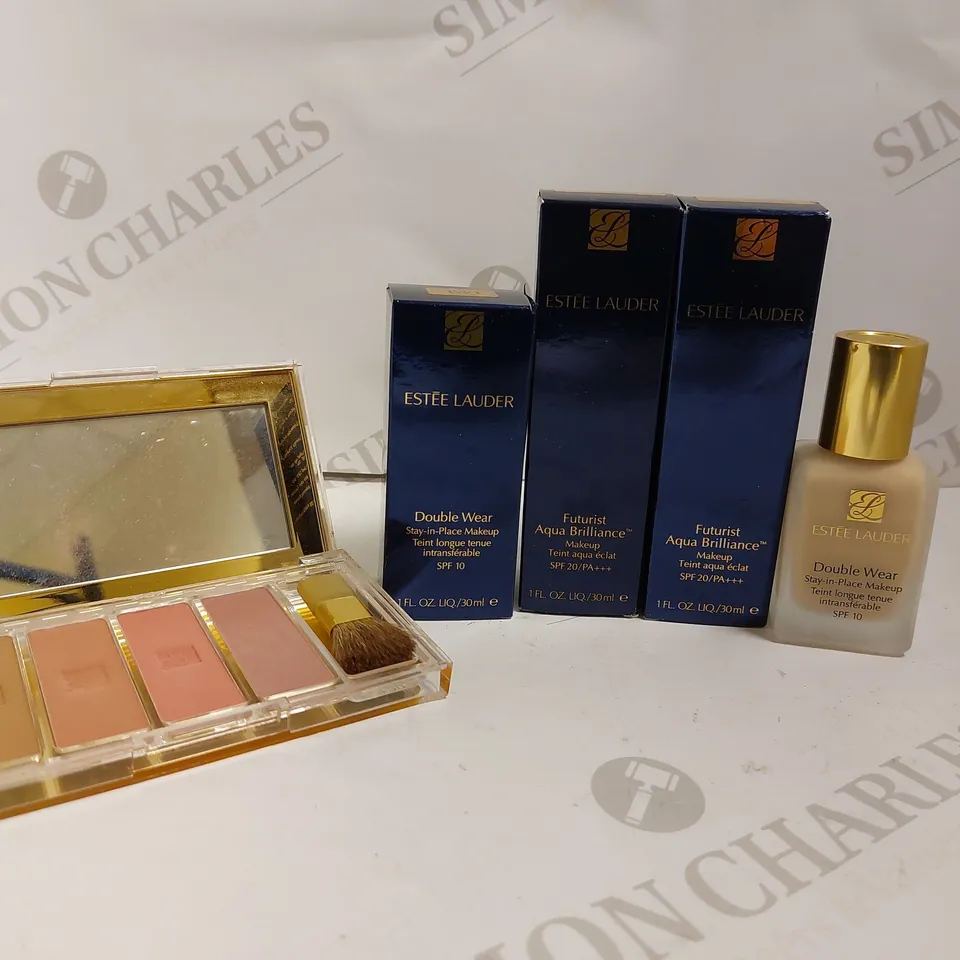 APPROX 5 ESTEE LAUDER ITEMS TO INCLUDE DOUBLE WEAR STAY-IN-PLACE MAKE UP, SHADOW PALETTE, FUTURISY AQUA BRILLIANCE MAKE UP