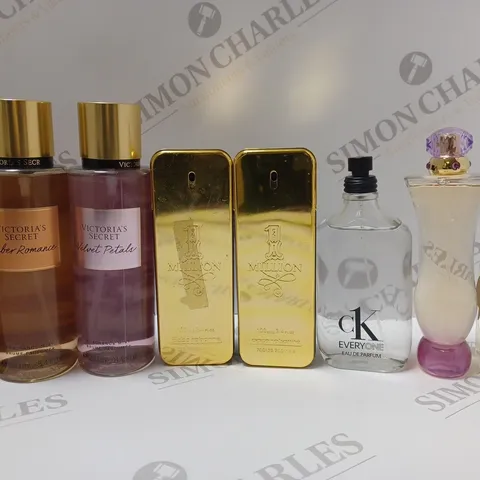 BOX OF APPROX 8 ASSORTED UNBOXED FRAGRANCES TO INCLUDE VICTORIA'S SECRET VELVET PETALS BODY MIST, PACO RABANNE 1MILLION EAU DE TOILETTE, VERSACE WOMAN EAU DE PARFUM, ETC