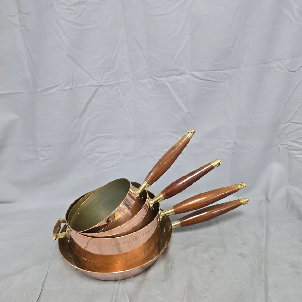 COPPER COOKWARE SET WITH WOODEN-HANDLED NESTING SAUCEPANS – FOUR PIECE
