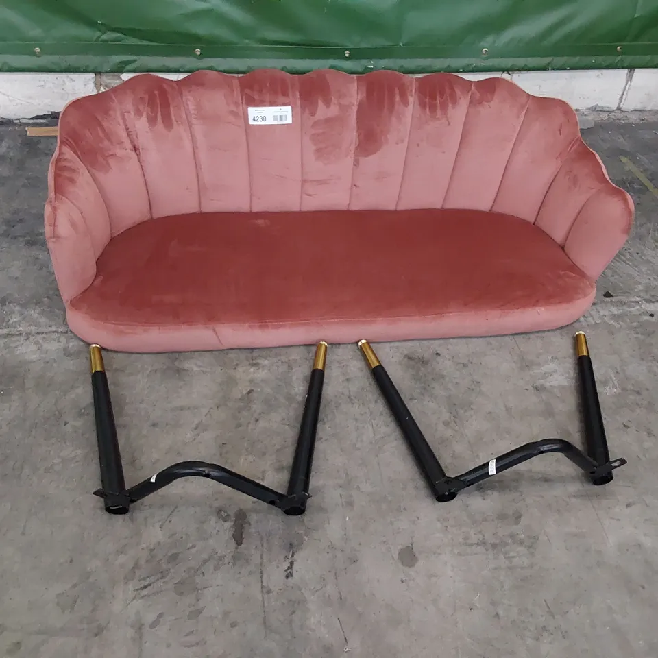 DESIGNER SCALLOPED BACK TWO SEATER OCCASIONAL SOFA PINK PLUSH FABRIC 