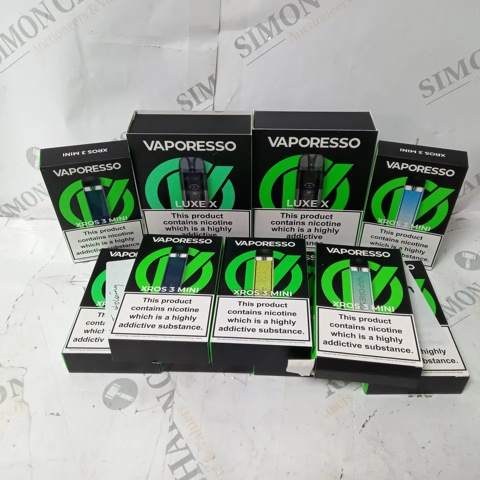 APPROXIMATELY 10 ASSORTED VAPORESSO E-CIG PRODUCTS TO INCLUDE LUXE X AND XROS 3 MINI 