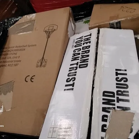 PALLET OF ASSORTED ITEMS INCLUDING JUNIOR BASKETBALL SYSTEM, REIGA CEILING FAN, VINTAGE TURNTABLE, MERBHOME COMPLETE CROCKERY STORAGE SET