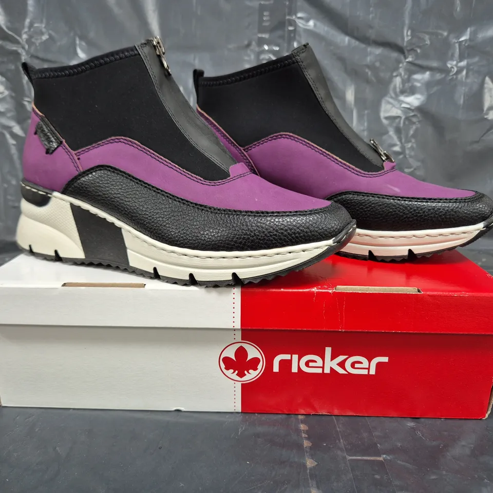 BOXED PAIR OF RIEKER HI-TOP TRAINERS IN PURPLE SIZE 6.5