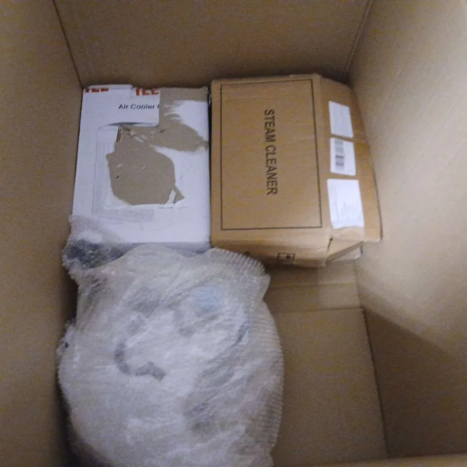 LOT OF APPROXIMATELY 10 ASSORTED HOUSEHOLD ITEMS TO INCLUDE STEAM CLEANER, KEYBOARD AND AIR COOLER