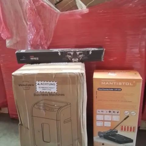 PALLET CONTAINING VARIOUS ASSORTED BOXED HOUSEHOLD ITEMS TO INCLUDE: BALLOON ARCH STANDS, VINYL FLOOR CUTTER, TURNTABLE SYSTEM AND LOTS MORE UNMARKED BOXED ITEMS