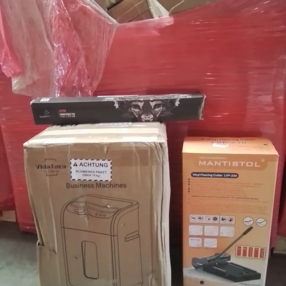 PALLET CONTAINING VARIOUS ASSORTED BOXED HOUSEHOLD ITEMS TO INCLUDE: BALLOON ARCH STANDS, VINYL FLOOR CUTTER, TURNTABLE SYSTEM AND LOTS MORE UNMARKED BOXED ITEMS 