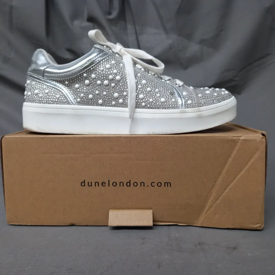 BOXED PAIR OF DUNE LONDON TRAINERS IN SILVER SIZE 7