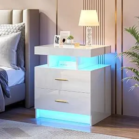 BOXED LED BEDSIDE TABLE WITH 2 DRAWERS, NIGHT STAND WITH 3 COLOR & ADJUSTABLE LIGHTS