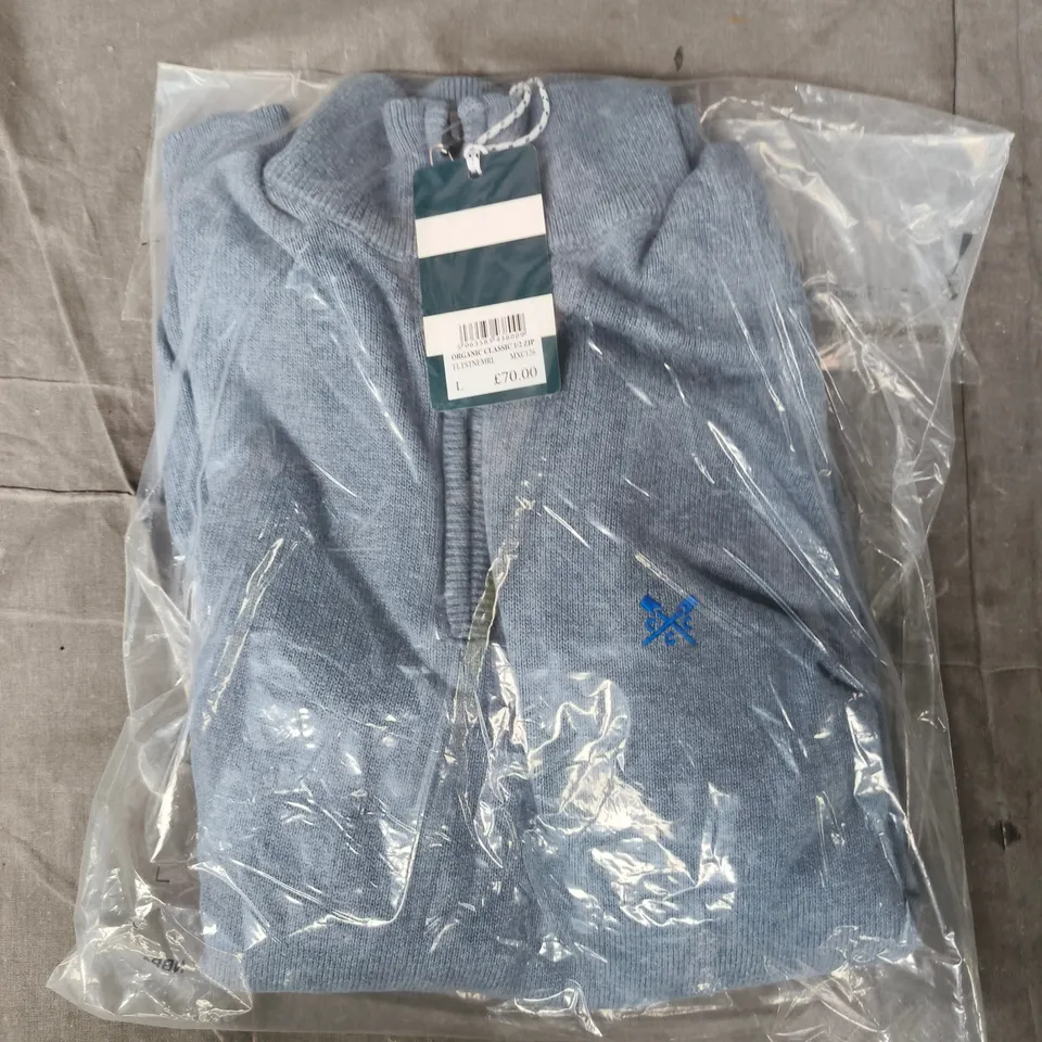 BAGGED CREW CLOTHING COMPANY ORGANIC CLASSIC 1/2 ZIP IN DUSTY BLUE SIZE LARGE