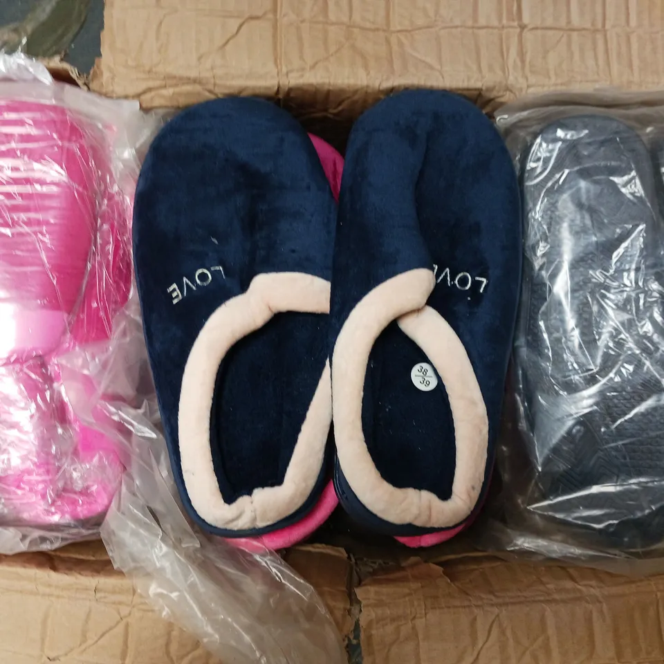 APPROXIMATELY 30 EMBROIDED 'LOVE' SLIPPERS IN VARIOUS COLOURS AND SIZES