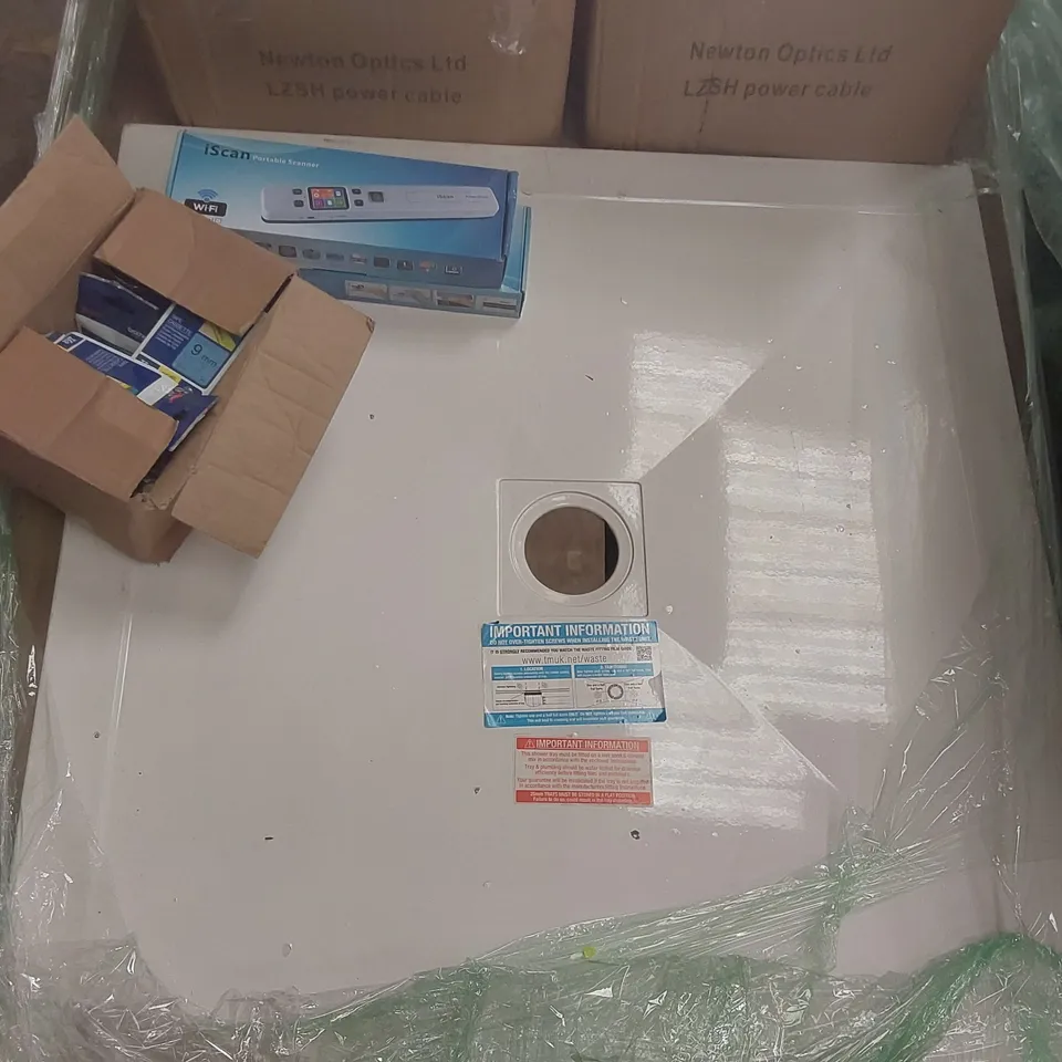PALLET CONTAINING ASSORTED ITEMS INCLUDING: SHOWER TRAY, ISCAN PORTABLE SCANNERS, TAPE CASSETTES, HEADPHONE CASES ECT